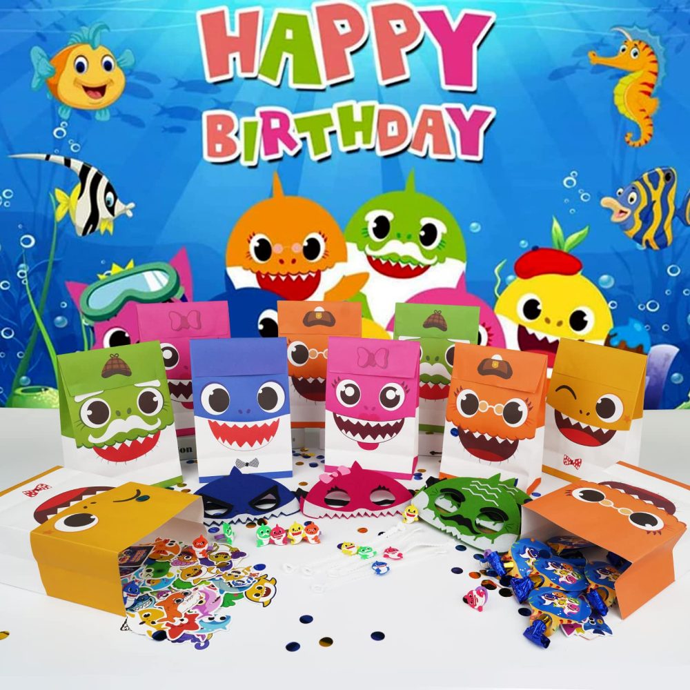Baby Shark Party Favor Bags and Party Toy Stuffing Including 10 Goodie Bags 10 Shark Mask 10 Bracelet 50 Sticker 10 Baby Shark Keychain for Kid's Birthday Party Supplies and Kids Return Present - Image 4