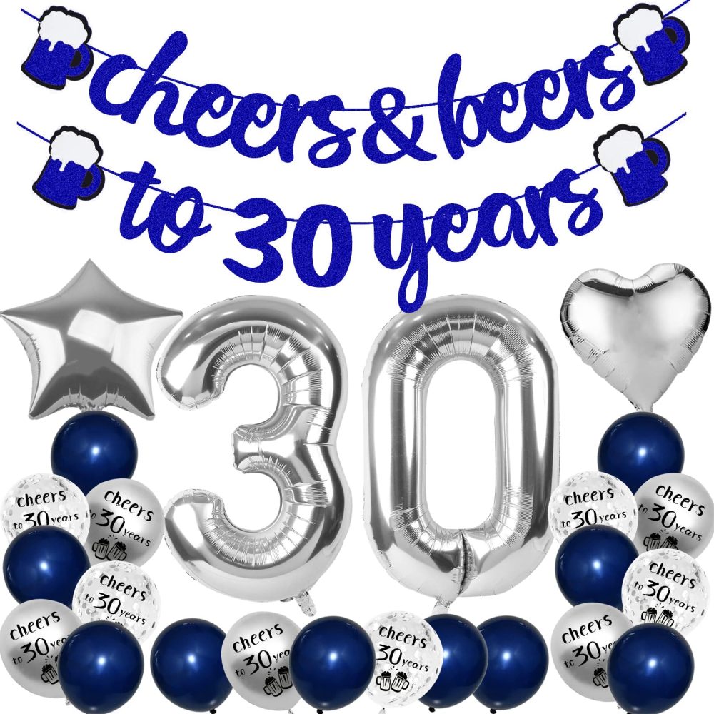 30th Birthday Decorations, 30th Birthday Decorations for Men, Happy 30th Birthday balloons with Navy Blue Cheer to 30 Years Banner, Silver Confetti Latex Balloons for Party Supplies Him Women Her