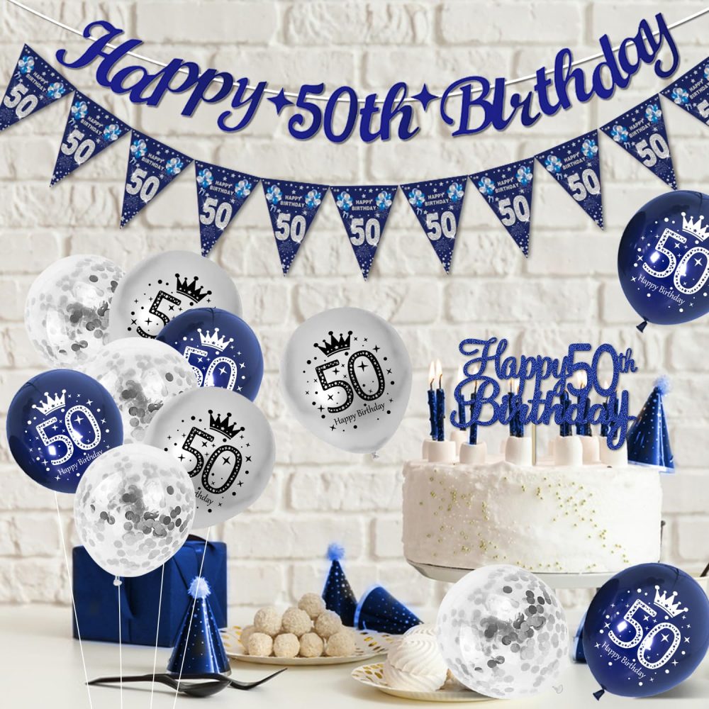 50th Birthday Decorations for Men, Happy 50th Birthday Banner Blue and Silver Party Decorations, 50th Birthday Balloons, Navy Blue and Silver Balloons Cake Topper for Men 50 Birthday Party Supplies - Image 3