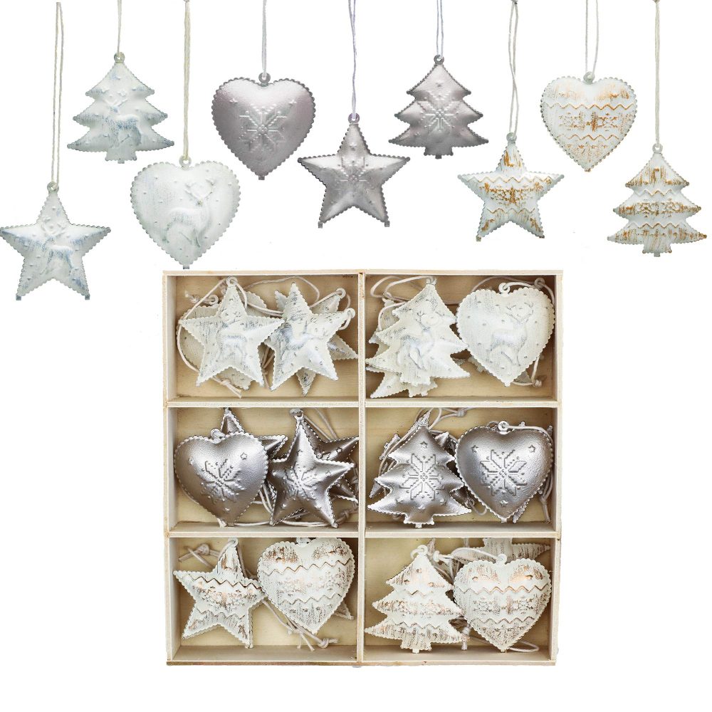 Valery Madelyn 24pcs Frozen Winter Silver and Cream Christmas Tree Decorations, Metal Christmas Jingle Bells, Xmas Hanging Pendants Ornaments with Heart-shaped, Star and Tree Patterns