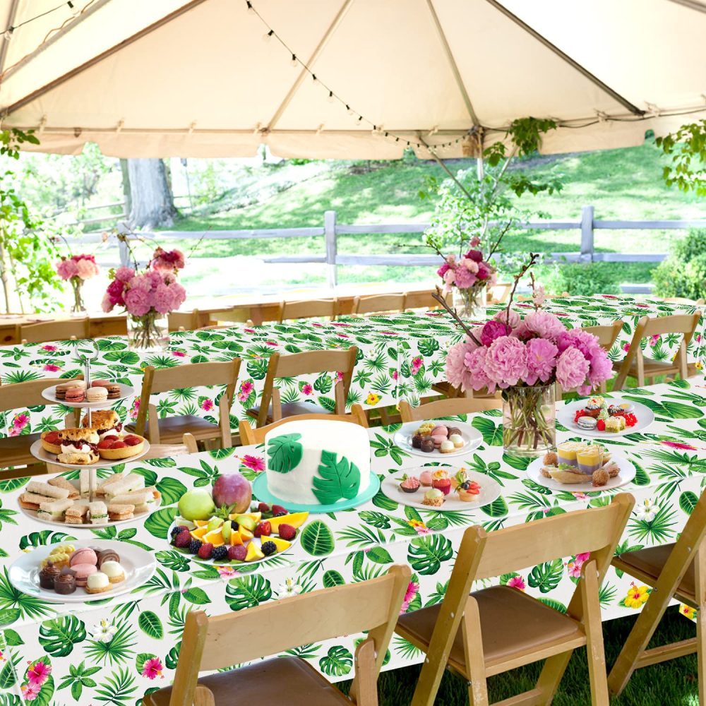 4 Pack Hawaiian Luau Tablecloths Tropical Palm Leaves Table Cloth Hawaii Disposable Plastic Rectangular Table Covers Aloha Summer Beach Pool Kids Birthday Tablecloth Cocktail Party Supplies 86 x 51 IN - Image 6