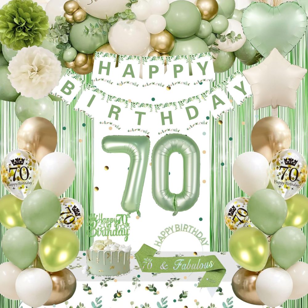 70th Birthday Decorations, Sage Green Gold 70th Birthday Decorations, Happy Birthday Banner Fringe Curtain Tablecloth Birthday Sash Crown Pom Poms Number 70 Balloons for Women Men Birthday Party Decor