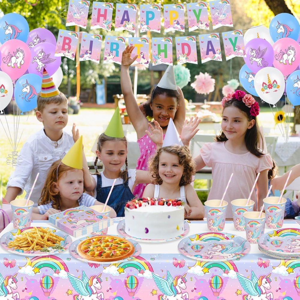 yosiio Unicorn Party Tableware Set, 16 Guests Unicorn Birthday Decoration Set, Party Supplies Paper Plates Cups Napkins Table Cloth Balloons for Kids' Birthday Baby Shower - Image 3
