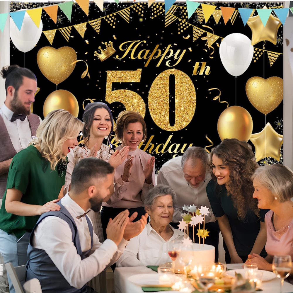 Happy 50th Birthday Banner 50th Photo Backdrop Black Gold Birthday Party Background Supplies Backdrop Props, Birthday Decorations for Men and Women 50th Backdrop Banner Photo Booth Sign 180×110cm - Image 4