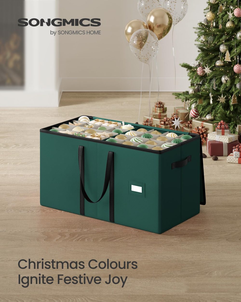 SONGMICS Christmas Decoration Storage Box, 7.6 cm 128 Slots, Stackable Christmas Bauble Storage Box with Lid, Dual Zippers, Adjustable Dividers, Non-Woven Fabric, Forest Green RFB039C01 - Image 7