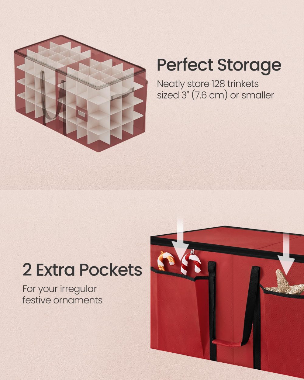 SONGMICS Christmas Decoration Storage Box, 7.6 cm 128 Slots, Stackable Christmas Bauble Storage Box with Lid, Dual Zippers, Adjustable Dividers, Non-Woven Fabric, Cherry Red RFB039R01 - Image 6