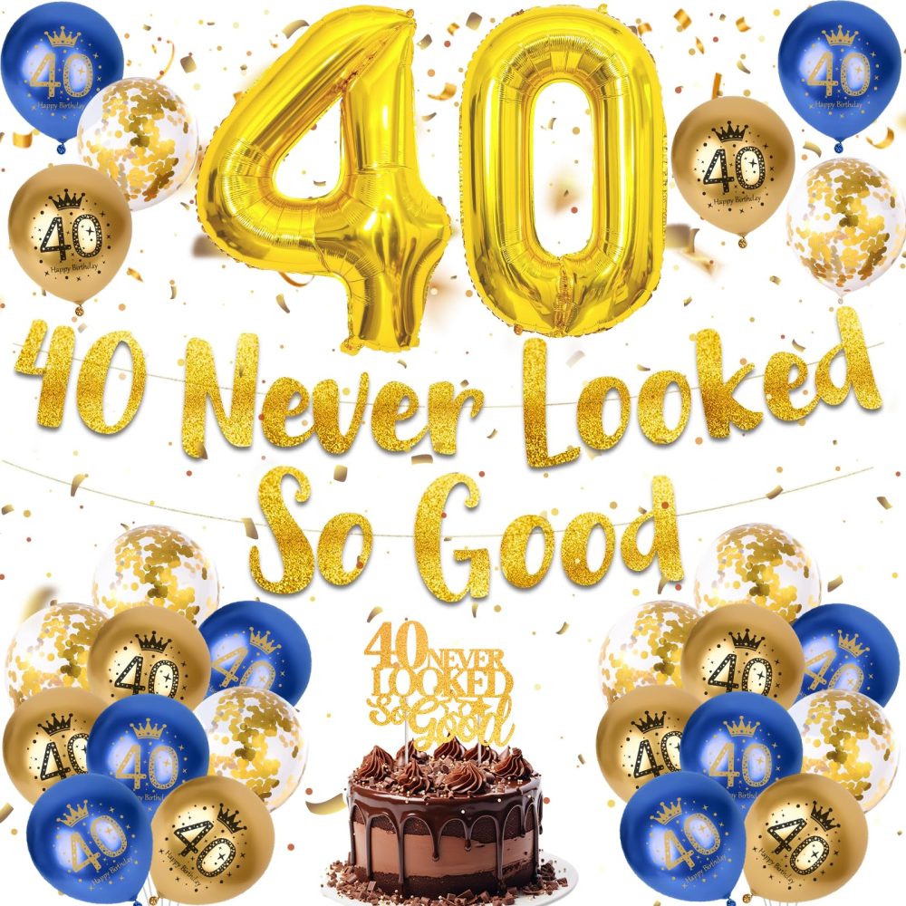 40th Birthday Decoration Men, 40th Birthday Decoration Blue Gold 40th Birthday Balloons, 40th Birthday Party Decorations for Him, Happy 40th Banner Confetti Balloons for 40 Birthday Party Supplies