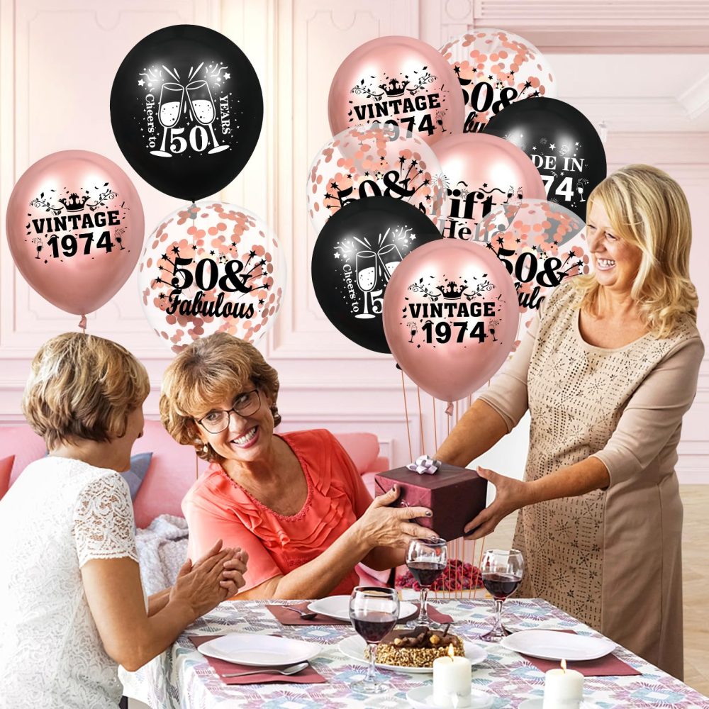 50th Birthday Balloons for Women 18Pcs Rose Gold and Black 1974 Balloons 50th Birthday Party Decorations 12 inch Vintage Confetti Latex Balloons Party Supplies for 50th Birthday Anniversary Party - Image 5