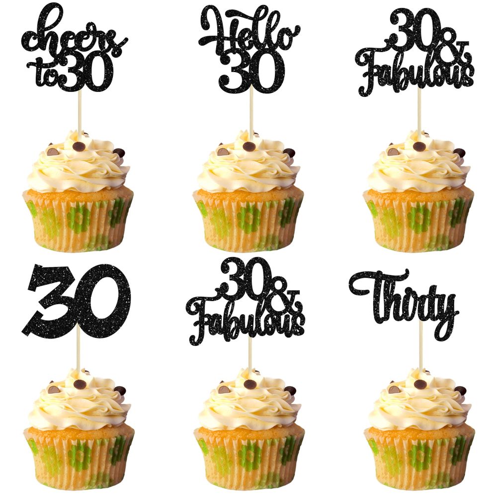 30Pcs Happy 30th Birthday Cupcake Toppers Black Glitter Thirty Cheers to 30 Birthday Cupcake Picks for Happy 30th Birthday Anniversary Party Cake Decorations Supplies
