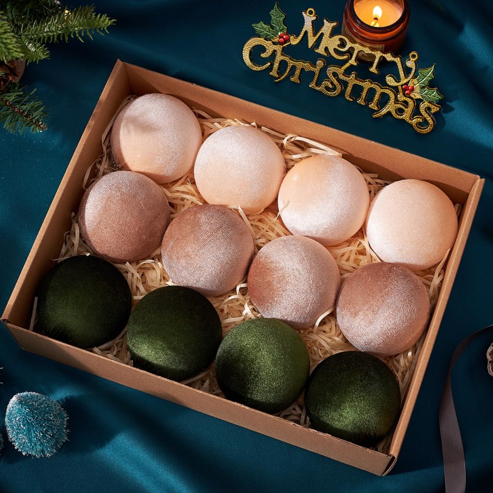 12 Pcs Christmas Velvet Balls, 80mm Christmas Ball Ornaments, Multicolor Green Brown Neutral, Christmas Tree Ornaments (S-Size)