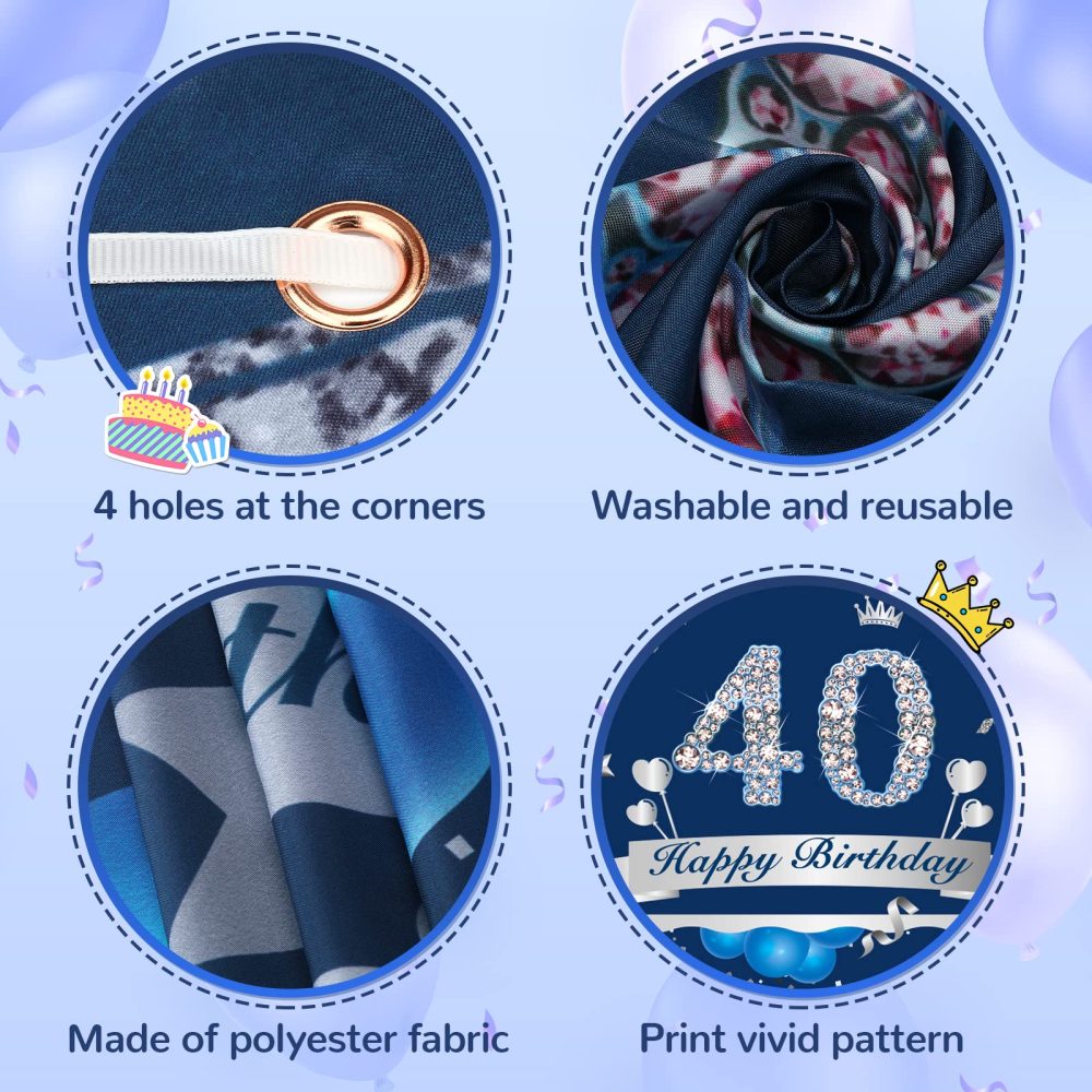 Blue 40th Birthday Decorations Banner for Men, Navy Blue Silver Happy 40th Birthday Banner Backdrop, Large Blue 40th Birthday Banner for 40th Birthday Party Decorations Supplies 72.8 x 43.3Inch - Image 5