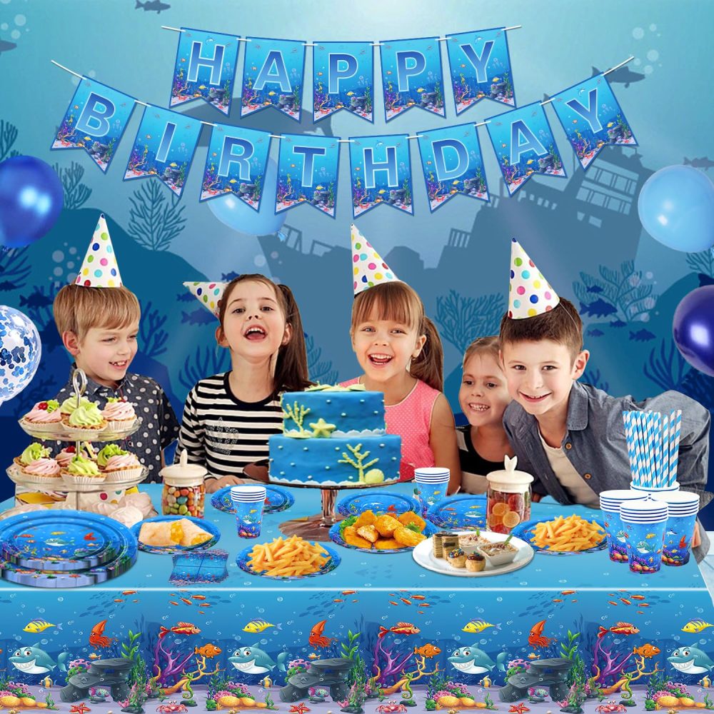 188 Pack Under the Sea Party Supplies Ocean Sea Party Tableware Set - Plates Cups Napkins Tablecloth Banner Balloons Cake Toppers for Underwater World Summer Beach Birthday Party Decorations Serves 20 - Image 8