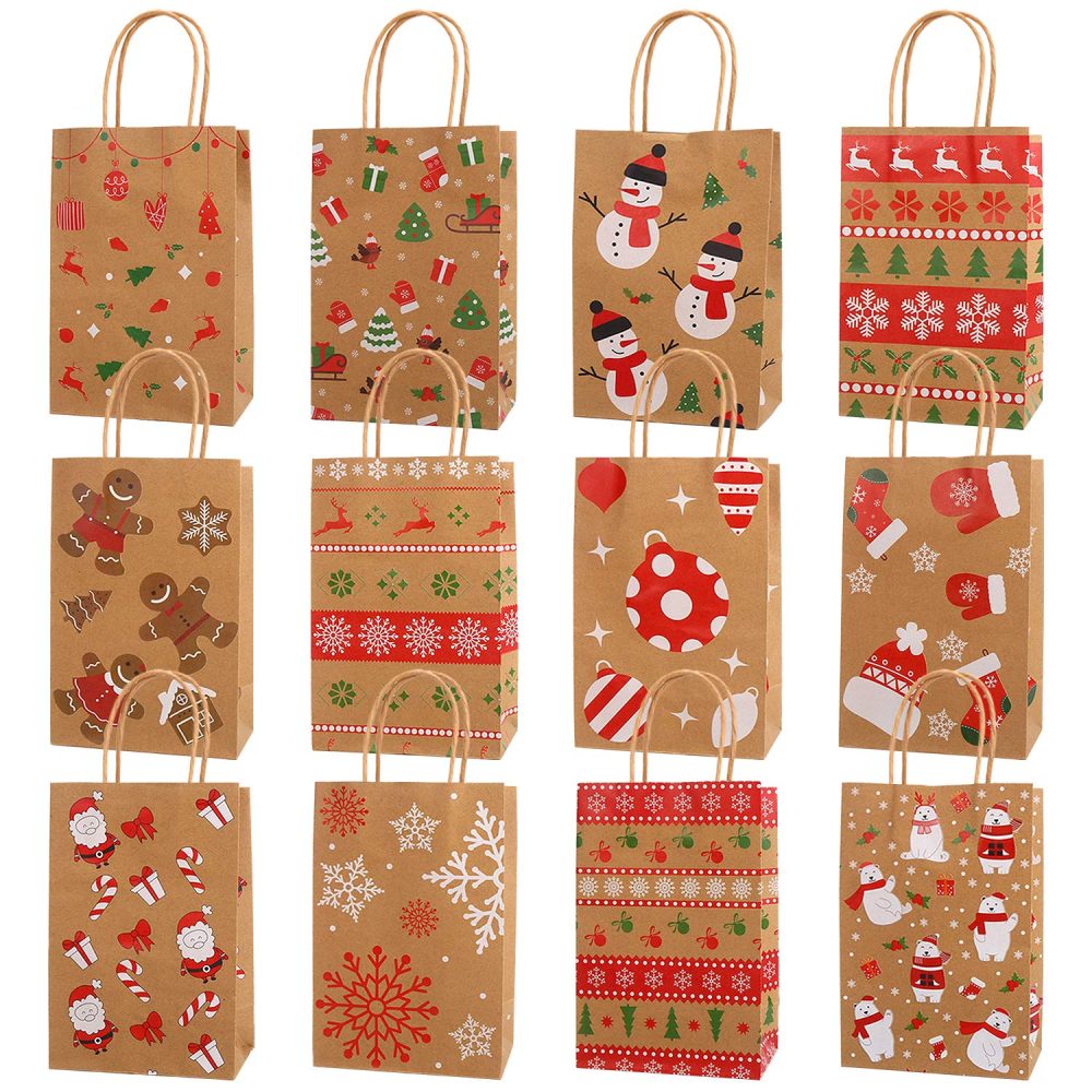 VEYLIN Xmas Kraft Gift Bags, 12 Christmas Paper Present Treat Candy Bags with Handle for Party Supplies (9.1 x 3.5 x 5.9 Inches) - Image 2