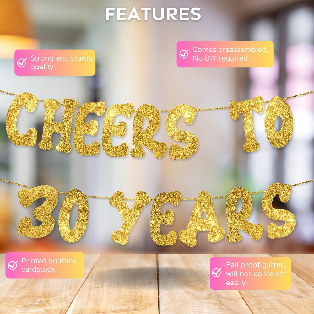 Cheers to 30 Years - Happy 30th Birthday Party Glitter Banner - 30th Birthday Party Decorations and Supplies - 30th Wedding Anniversary Decorations, Pre-strung - No DIY required - Image 8