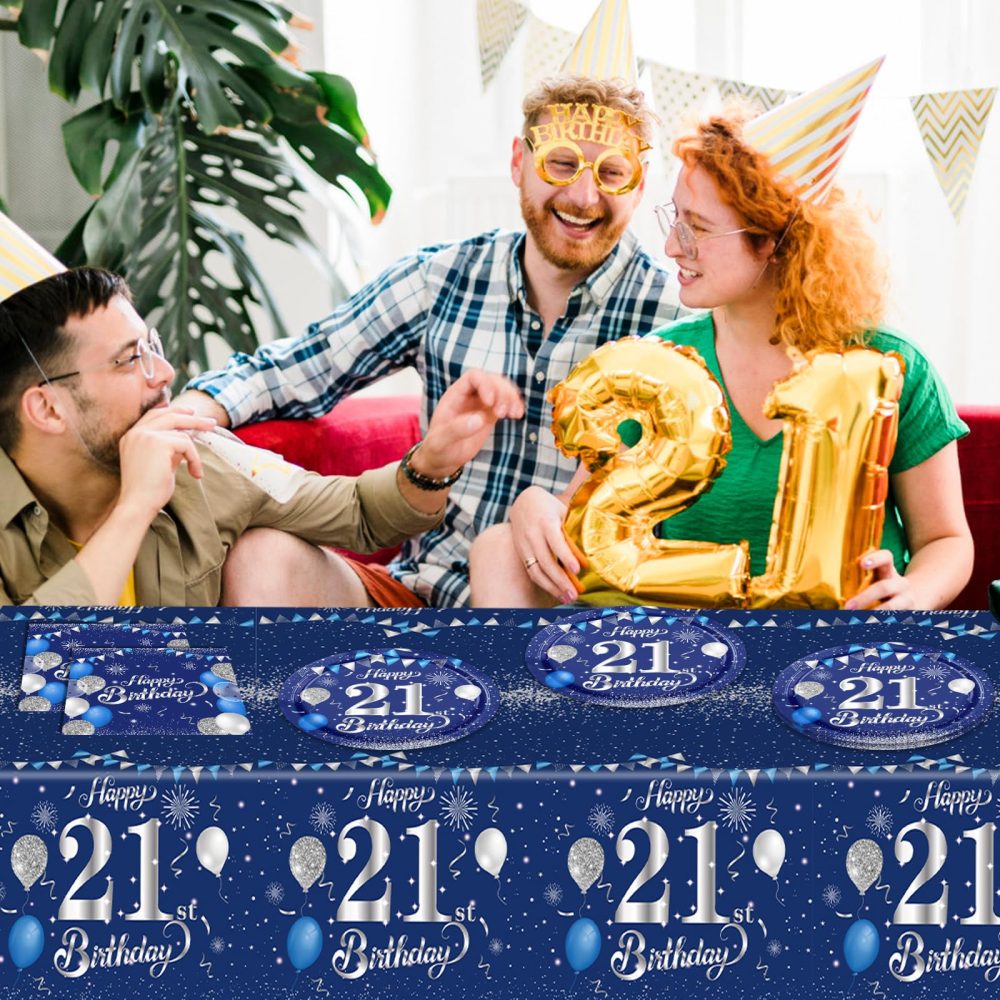 21st Birthday Decorations for Him Blue Silver Happy 21st Birthday Decorations for Boys Men Includes Happy 21th Birthday Napkins Tablecloth Plates for 21 Years Old Bday Party Supplies Anniversary Decor - Image 3