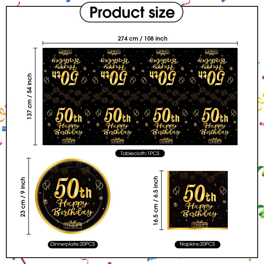 41 Pcs Black Gold 50th Birthday Tableware Set,50th Happy Birthday Disposable Supplies, Black Gold 9 Inch Paper Plates Napkins Tableware Set, for Women Gifts Party Supplies Table Decoration - Image 7