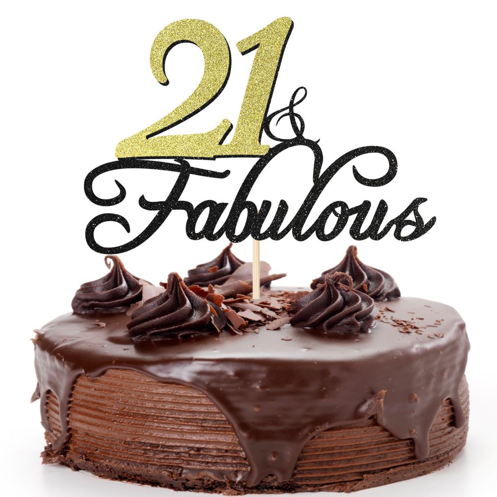 21 & Fabulous Birthday Cake Topper, Siipoo Black Gold Glitter Cake Topper for 21th Happy Birthday Anniversary Party Decoration Supplies