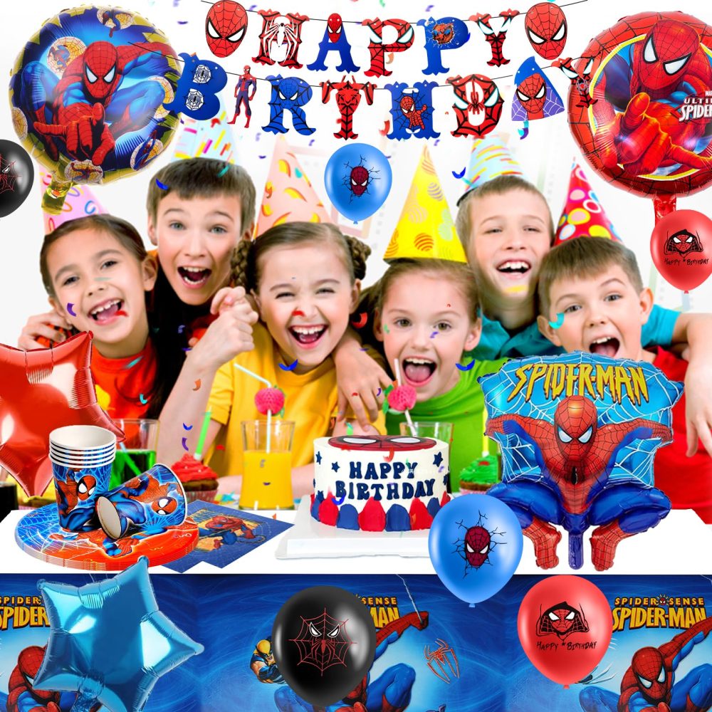 Spi-der Birthday Decoration, 75PCS Spidey Party Decorations Tableware Set, Superhero Birthday Decorations Including Plates Tablecloth Happy Birthday Banner Balloons for Boys Kids Theme Party Supplies - Image 5