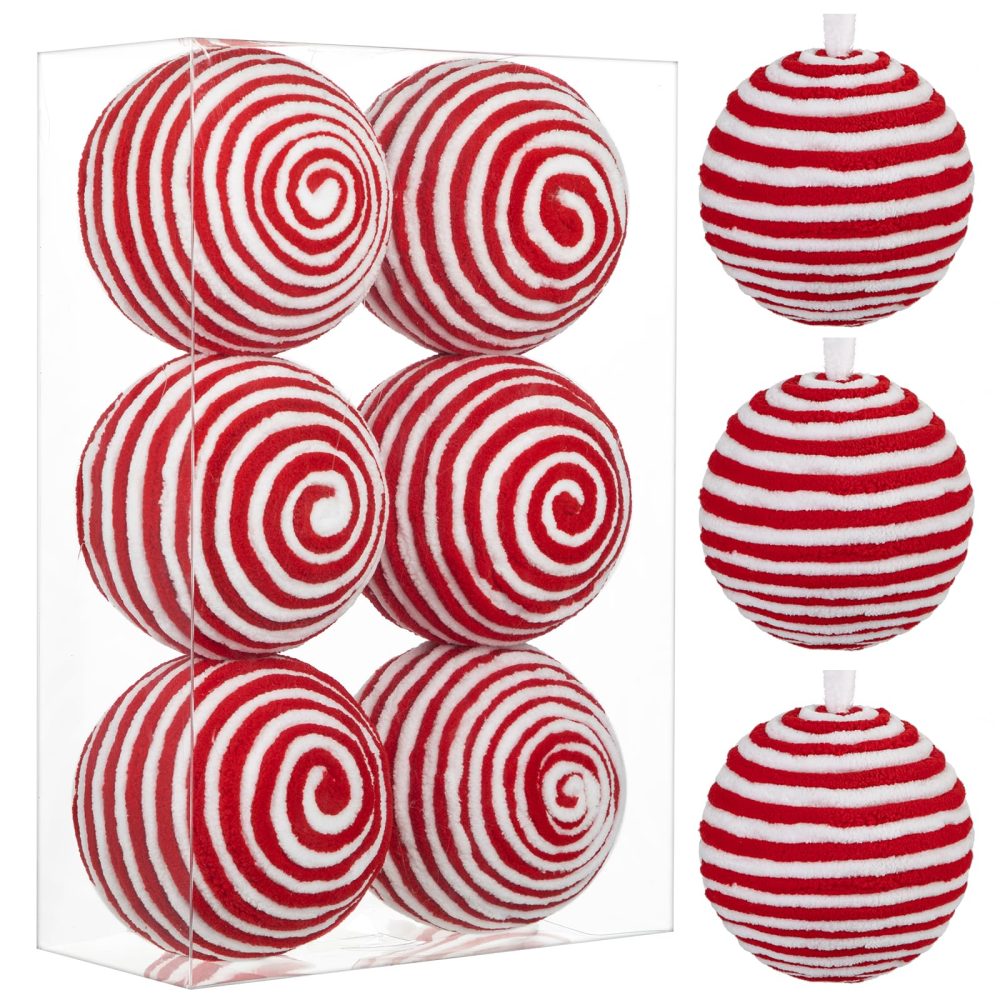 Oairse 10cm Red and White Christmas Ornament Balls, 6PCS Large Decorative Yarn Balls Christmas Baubles Ornament forChristmas Tree Decorations Xmas Halloween Holiday Party Table Centrepiece Decor