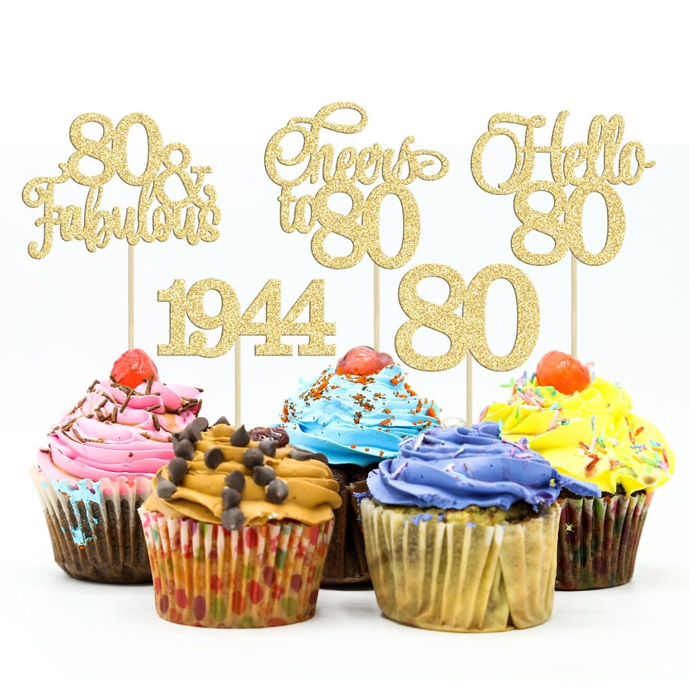 Gyufise 30Pcs 80th Birthday Cupcake Toppers 80 Fabulous Cupcake Picks Cheers to 80 1944 Cake Decorations for Happy 80th Birthday Wedding Anniversary Party Decoration Supplies Gold