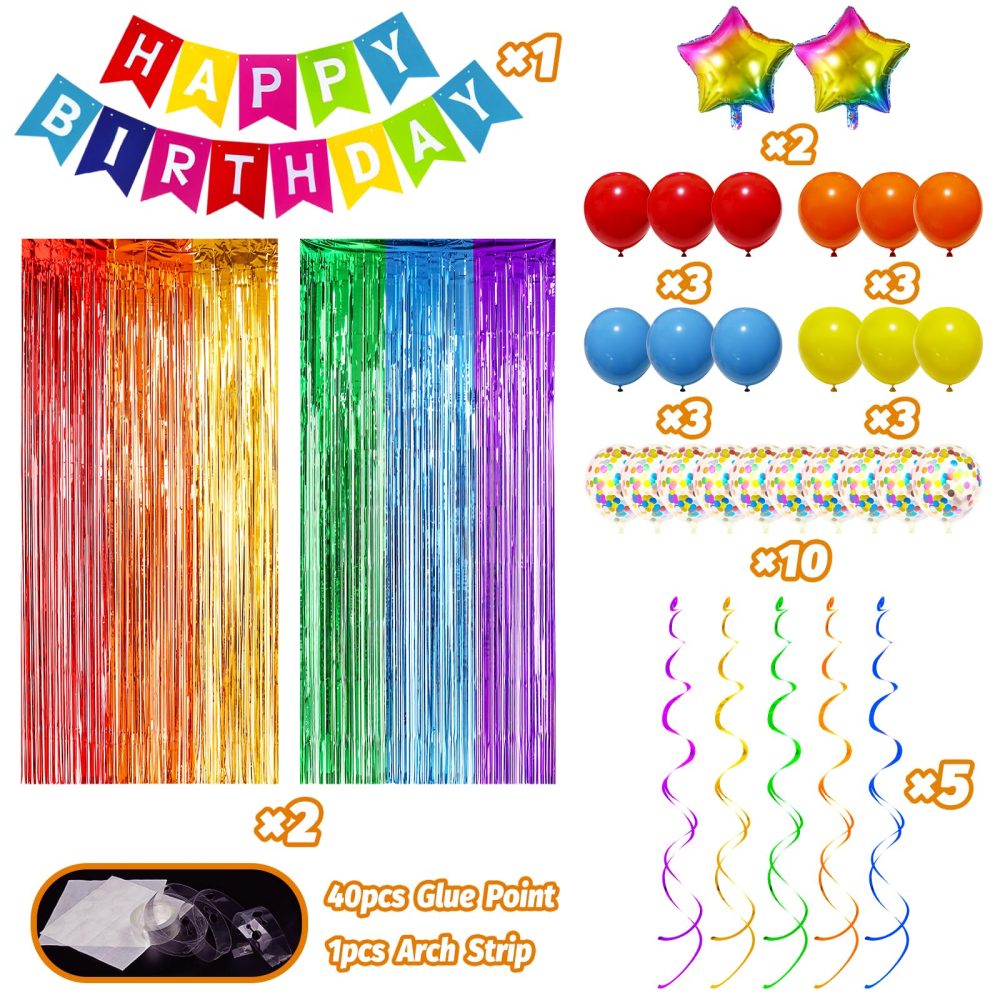 Colorful Birthday Decorations, Birthday Party Supplies for Men Women Boys Girls with Rainbow Happy Birthday Banner, Confetti Balloons, Fringe Curtain, Heart Star Foil Balloons, Hanging Swirls - Image 8