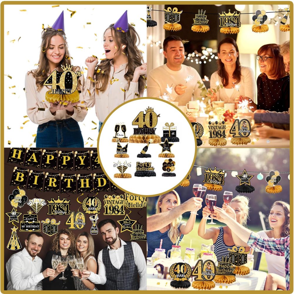 9Pcs 40th Birthday Decoration, Black Gold Honeycomb 1984 Aged Vintage Centerpieces for Tables Toppers,40th Anniversary Birthday Party Supplies (40th Birthday) - Image 2