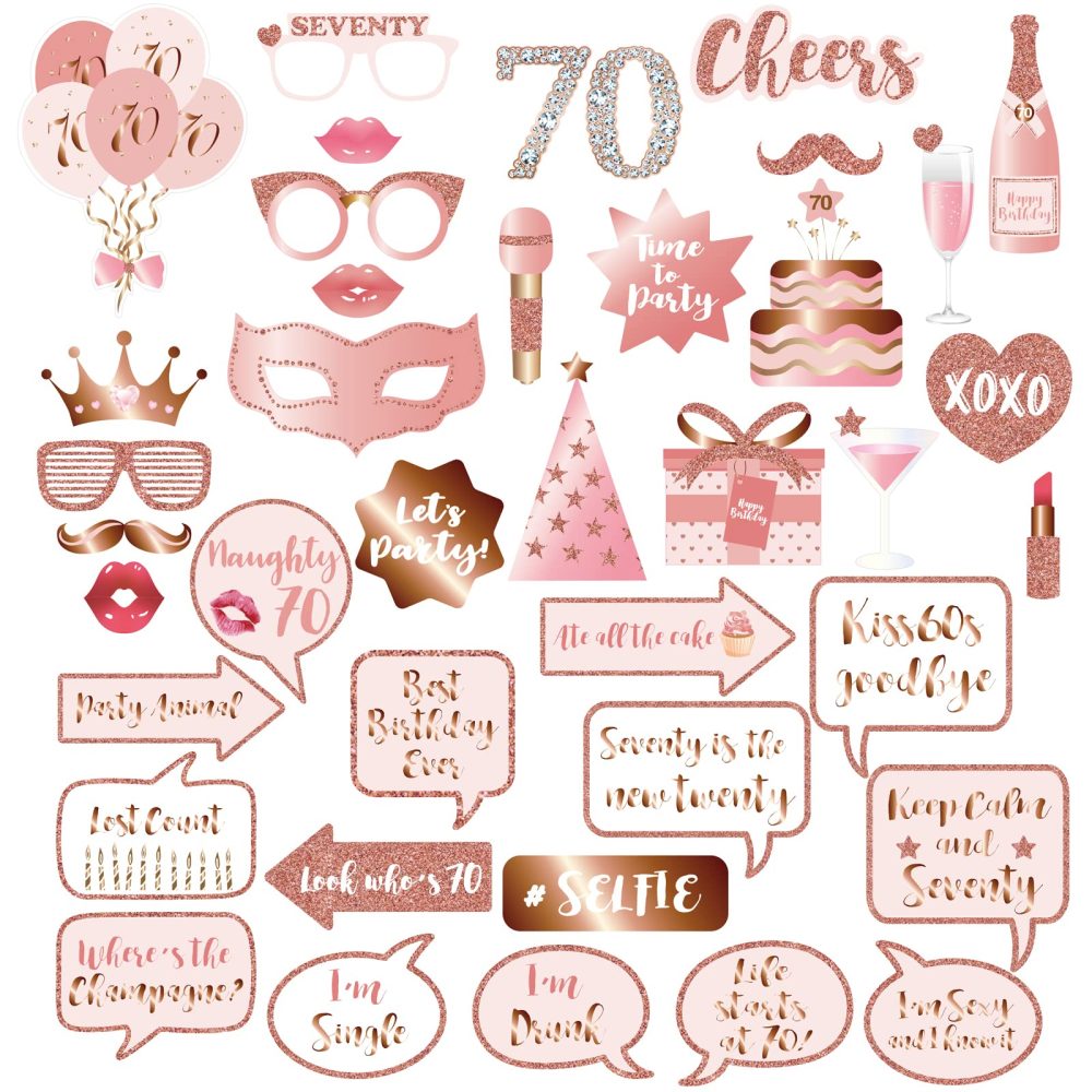 70th Birthday Party Photo Booth Props and Signs, Rose Gold 70 Birthday Party Selfie Props Kit with Sticks for Women, Seventy 70th Happy Birthday Party Decorations Supplies Favors