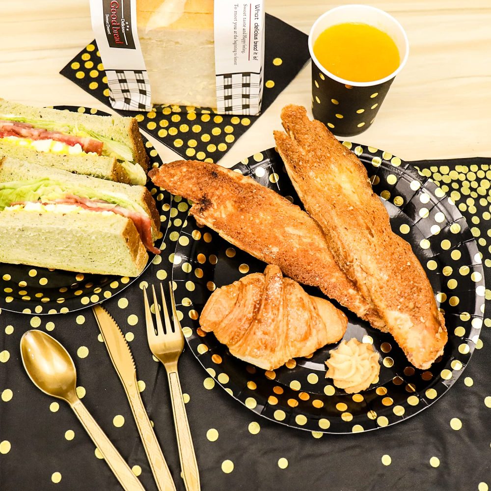 SKBATTERRS 50 Pcs Party Paper Plates Set,Disposable Party Tableware Party Decorations Birthday Party Decorations Party Supplies (Black and Gold, 22.9 cm/9 inch) - Image 2