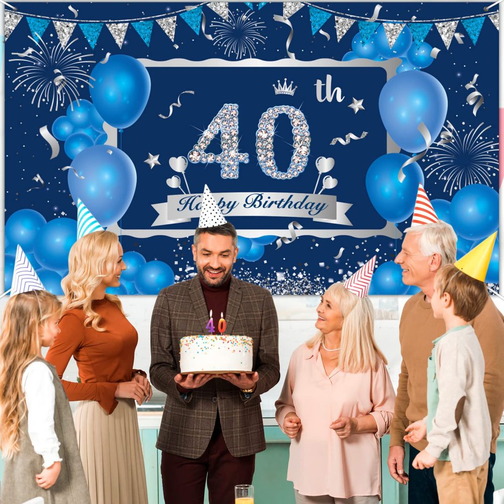 Blue 40th Birthday Decorations Banner for Men, Navy Blue Silver Happy 40th Birthday Banner Backdrop, Large Blue 40th Birthday Banner for 40th Birthday Party Decorations Supplies 72.8 x 43.3Inch - Image 4