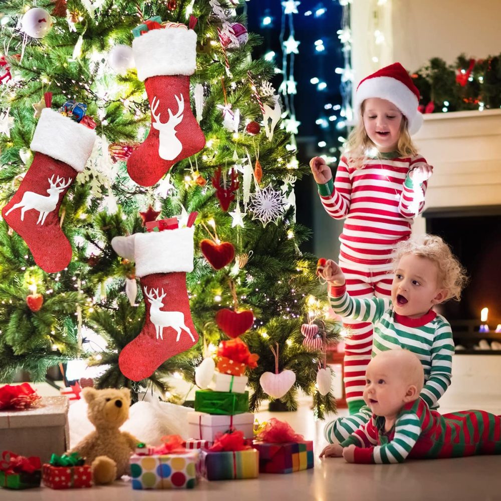 Christmas Stockings Set of 2, 18" White Reindeer Large Christmas Stocking Personalised for Adults Kids, Hanging Gift Bag Socks Ornaments Red Xmas Stockings for Christmas Fireplace Tree Decorations - Image 3