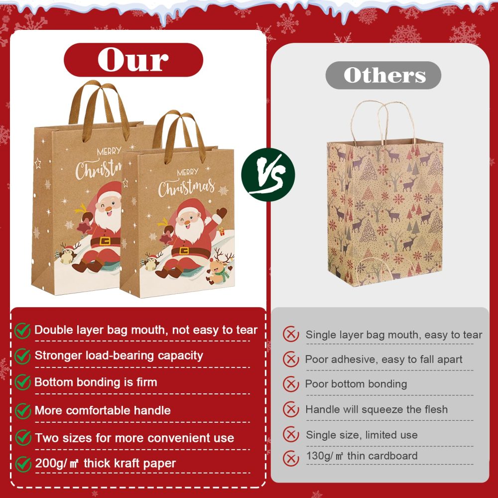 Christmas Brown Gift Bags 12 pcs,Xmas Paper Bags Multipack with Large and Small Sizes,Reusable Kraft Christmas Goody Bags with Handles for Presents,Perfect Paper Carrier Bags for Party,Sweets,Food - Image 8