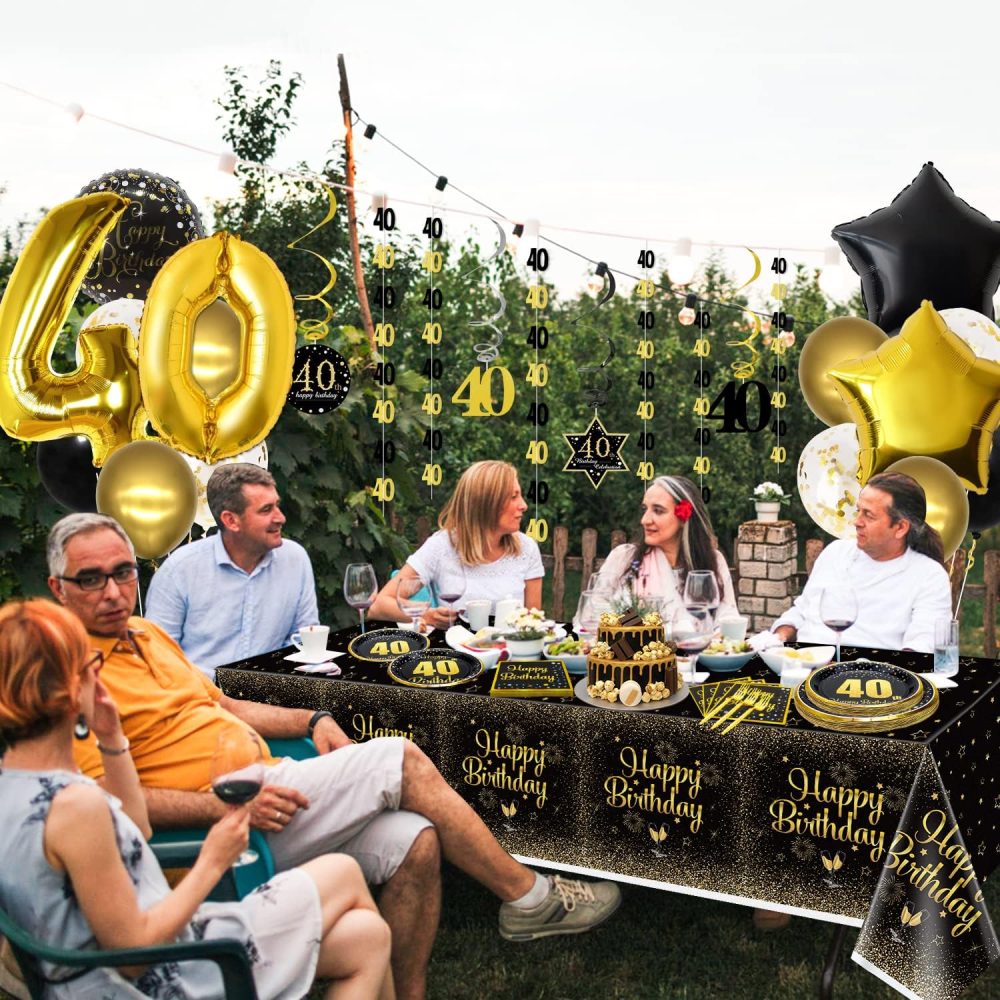 40th Birthday Decorations for Women and Men - 61Pcs Plates Napkins 40th Tablecloth Black and Gold Party Decorations Serve 20 - Image 3