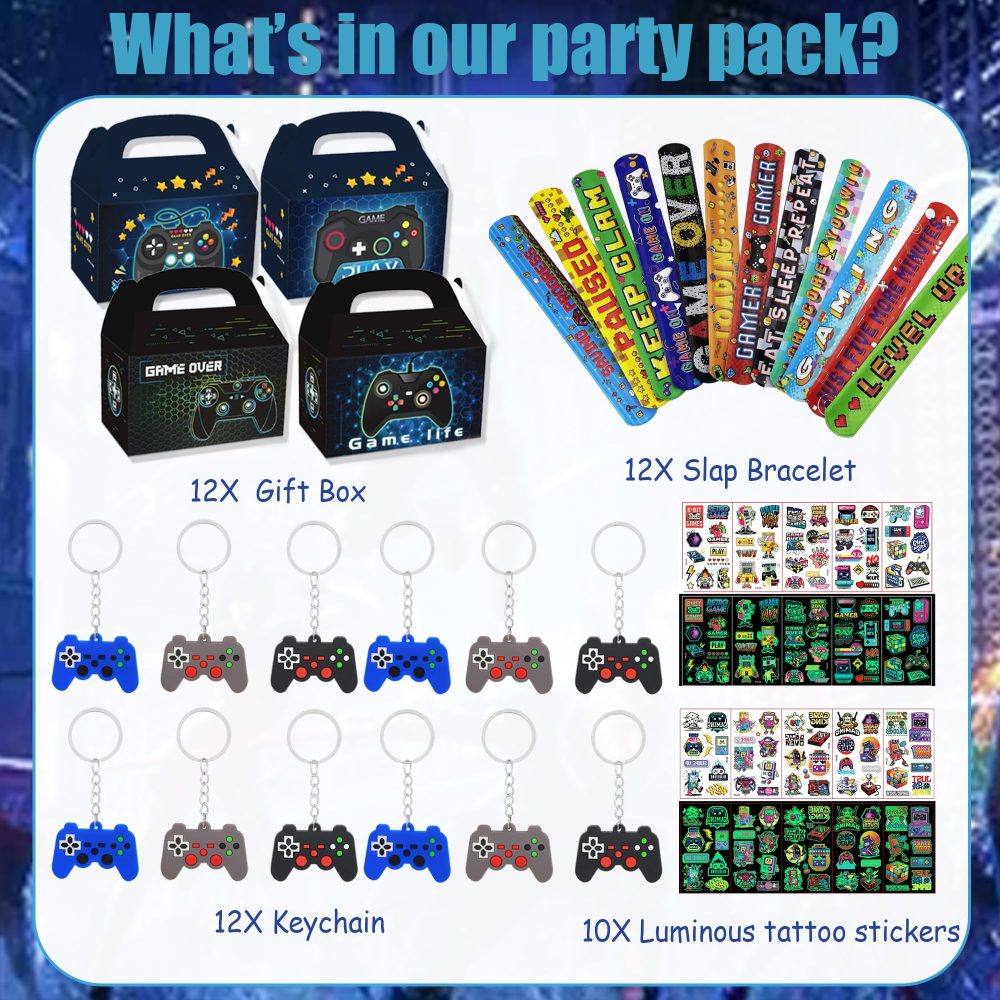 Aoyama Video Gamer Party Bag Fillers - 46Pcs Video Game Party Favours Blue Gaming Gift Bags Slap Bands Luminous Tattoo Sticker Gaming Keyrings for Kids Boys Girls Birthday Party Supplies - Image 7