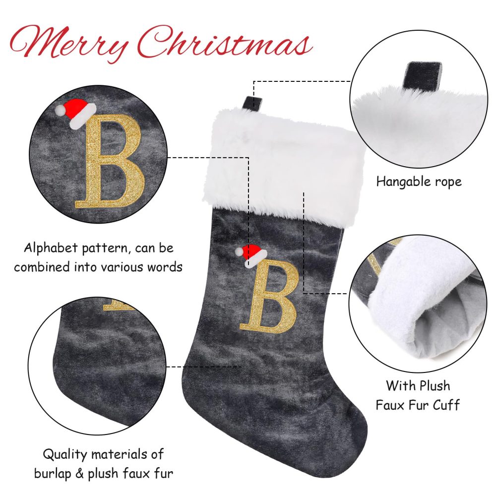Personalized Xmas Stockings 45cm Large Initial Monogram Embroidered Letter Christmas Stocking Grey Velvet Classic Christmas Stockings Xmas Holiday Decor Tree Decoration for Kids & Adults Gift (A) - Image 5