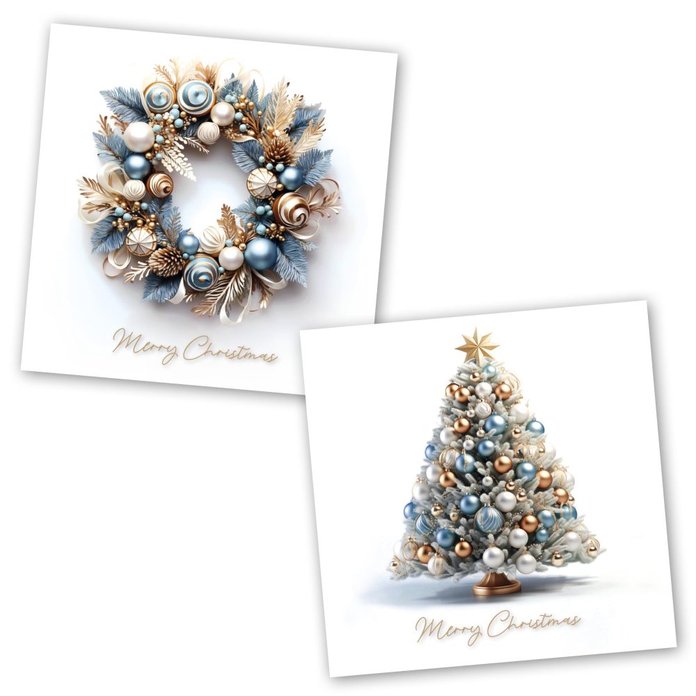 Charity Christmas Cards Pack of 10. Each Christmas Card Pack contails 2 Wreath & Tree Designs. Ecofriendly and UK Made. Verse Inside. 150 x 150mm Card Size.