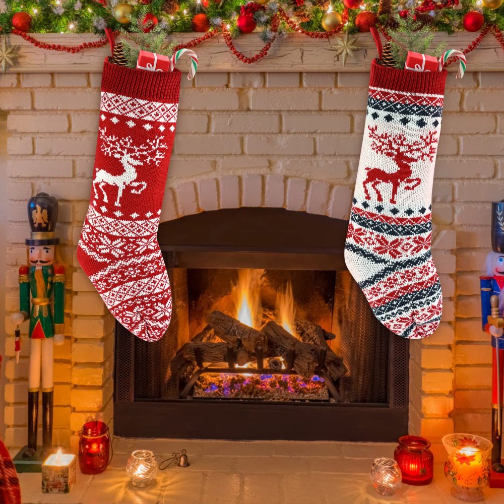 Feelava 46CM Knit Christmas Stocking 18inch Reindeer Knitted Xmas Stocking Boot Xmas Ornaments Bag Traditional Hanging Bags for Family Holiday Party Decorations,2 Pack - Image 4