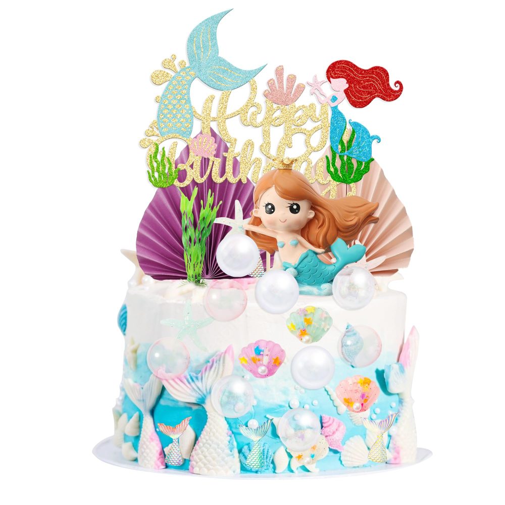 Gyufise 32Pcs 3D Mermaid Under the Sea Cake Toppers Set Mermaid Tail Starfish Seaweed Shell Bubble Palm Leaf Cupcake Picks for Under the Sea Theme Baby Shower Birthday Party Cake Decorations Supplies