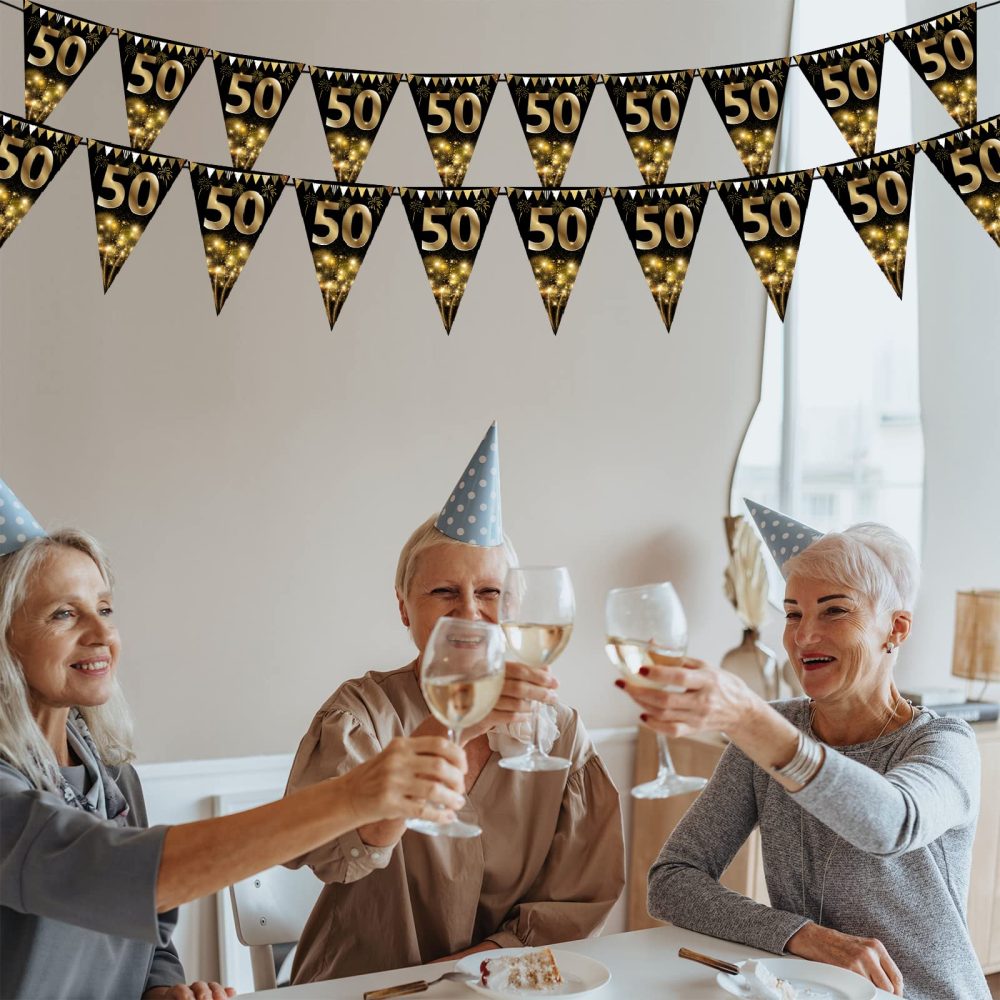 40Pcs Happy 50th Birthday Banner Bunting Flags Gold and Black Glitter 50th Birthday Anniversary Party Decoration Supplies,50th Birthday Triangle Flag Banners for Men Women - Image 4