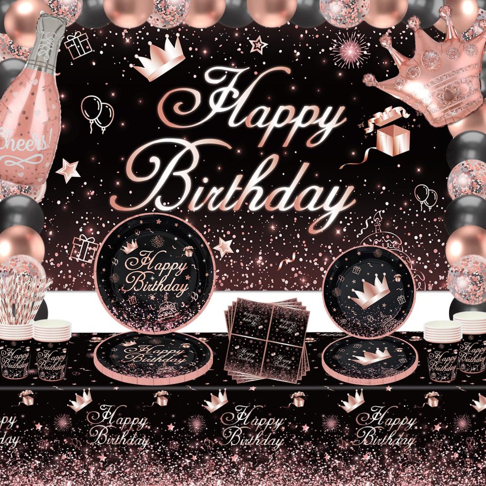 153 PCS Black and Rose Gold Party Decoration Black Rose Gold Dinnerware Set Rose Gold & Black Party Supplies Rose Gold and Black Birthday Party Set-Plates, Backdrop, Balloons, Tablecloth Serves 20