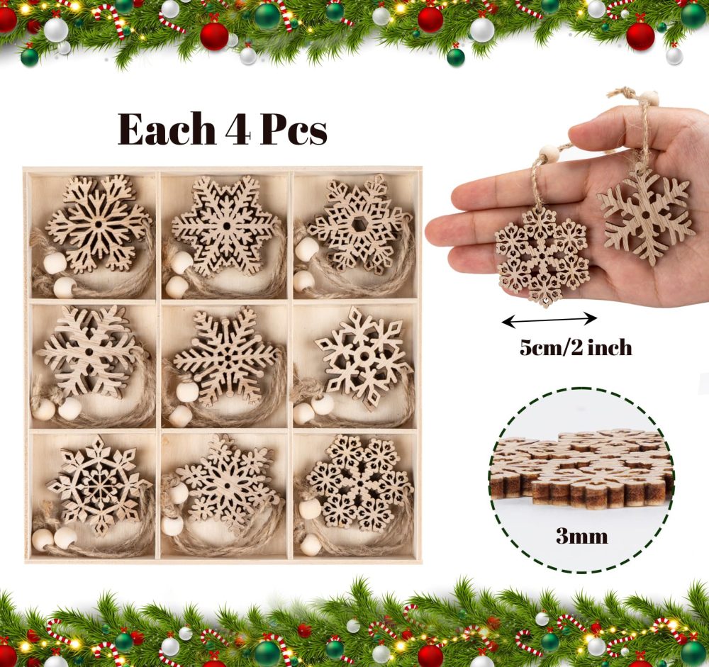 Mocraft 36pcs Wooden Snowflakes Vintage Christmas Pendant Wood Christmas Pendant Christmas Tree Snowflake Hanging Ornaments Christmas Decoration With Hemp Rope (Brown) - Image 6