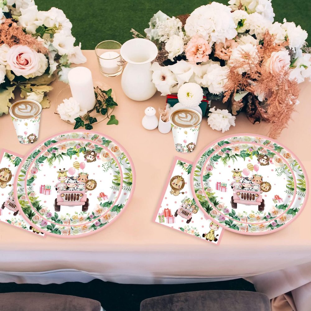 Jungle Safari Theme Birthday Party Supplies Pink Safari Jungle Animal Tableware Set Inlcude Plates Napkins Cup Girls Birthday Party Baby Shower Party Decoration Supplies - Image 4