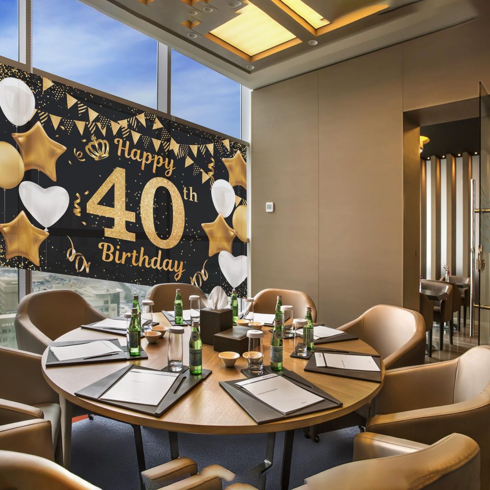 Happy 40th Birthday Banner Black Gold 40th Photo Backdrop Birthday Party Background Supplies Backdrop Props, Birthday Decorations (40th) - Image 5