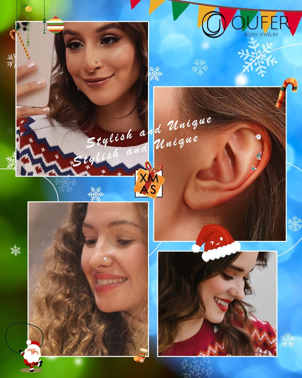 OUFER 3pcs 20G Christmas Nose Rings Pack L Shape Nose Studs Piercing Jewellery Santa Claus Surgical Steel Helix Earrings Traugs Women Men Gifts - Image 2