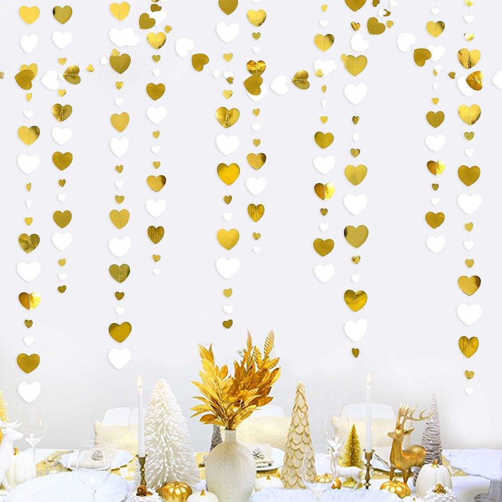 52Ft White and Gold Love Heart Garland Hanging Paper Streamer Banner for Anniversary Bachelorette Engagement Wedding Bridal Shower Birthday Father's Mother's Day Valentines Christmas Party Decorations