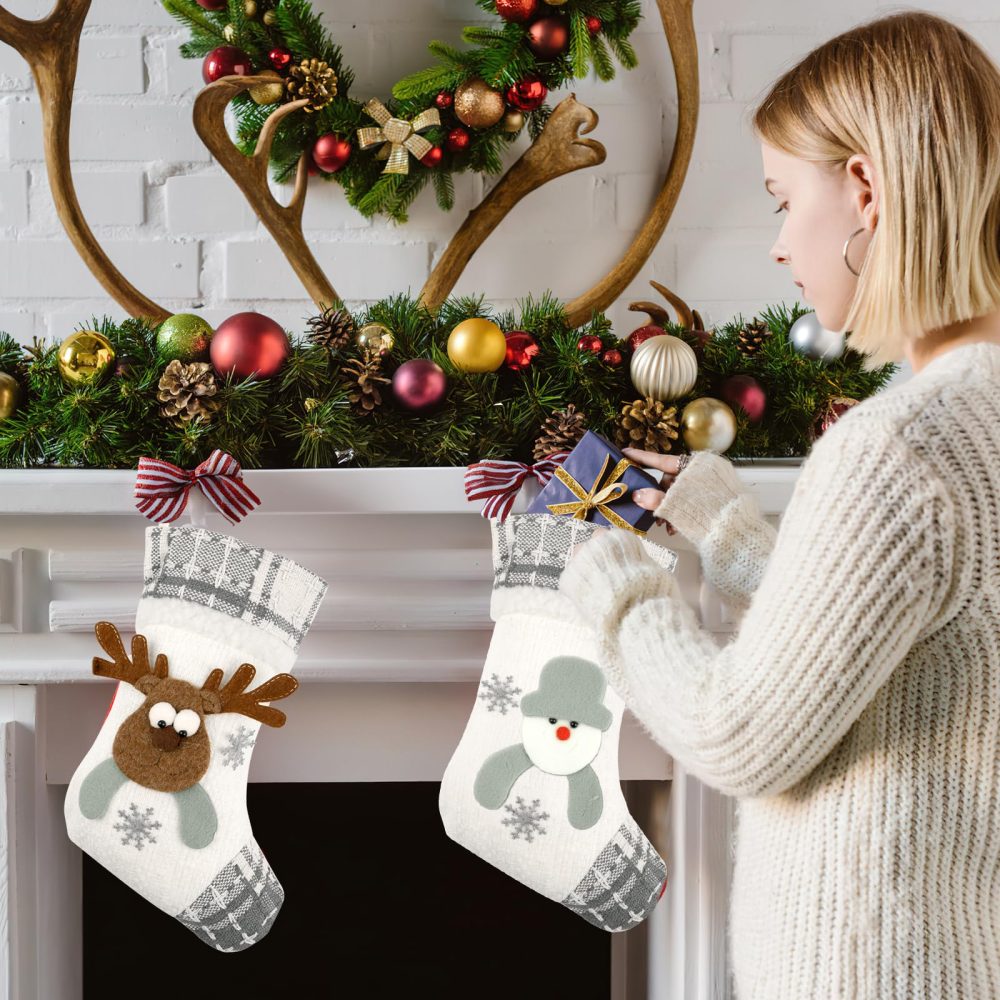 Christmas Stocking, 3pcs Personalised Christmas Stockings, Xmas Stockings with Santa/Snowman/Reindeer, Sock Sack Gift Bag for Fireplace, Christmas Tree Decoration (Grey) - Image 3
