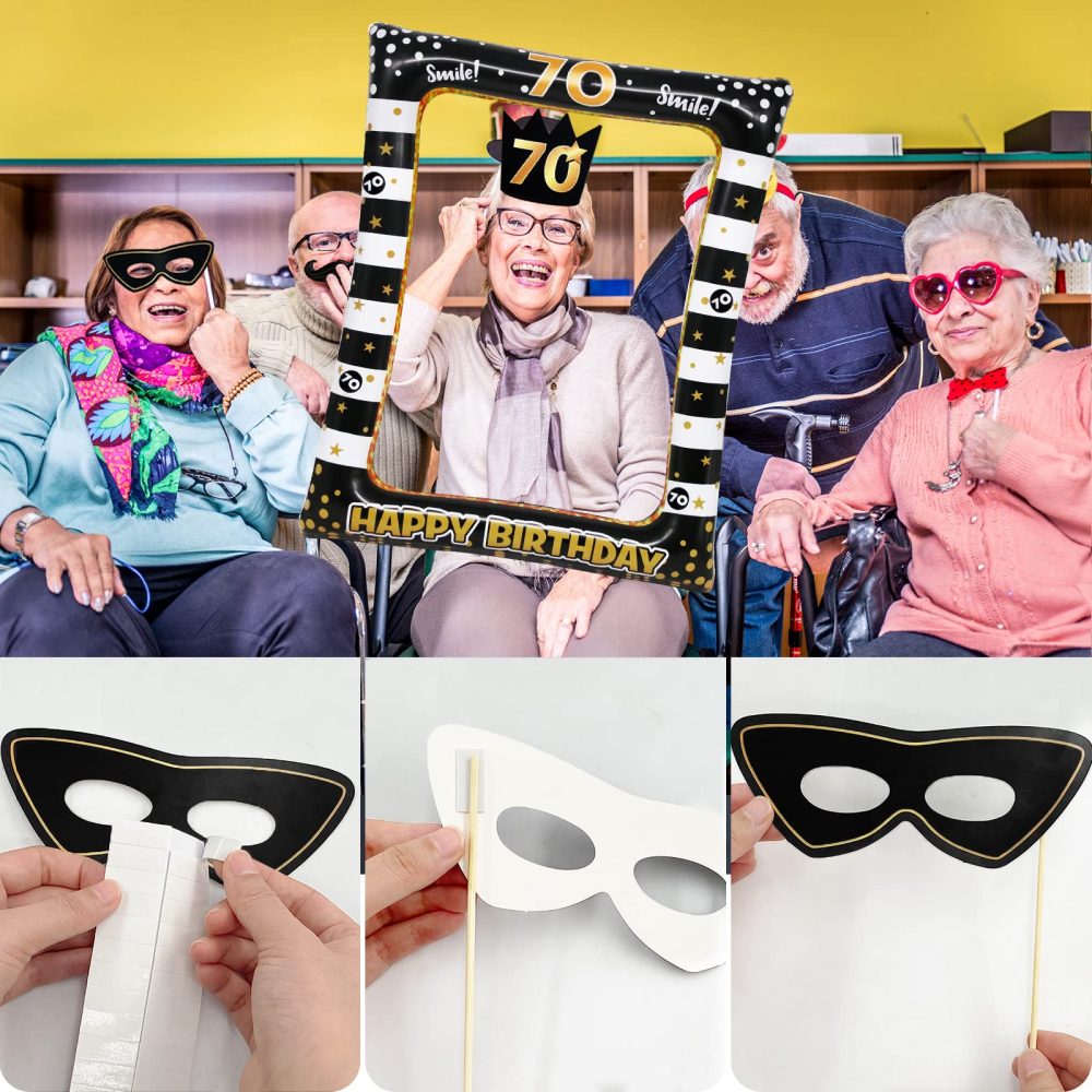 Newthinking 70th Birthday Photo Booth Props, Black Gold Inflatable Selfie Frame Funny DIY Birthday Party Props for 70th Birthday Party Supplies Decoration - Image 4