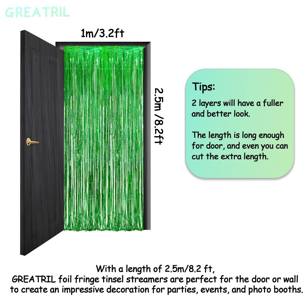 Green Tinsel Curtain Party Backdrop - GREATRIL Foil Fringe Curtain for Christmas/St Patrick’s Day/Luau/Hawaiian/Dinosaur/Jungle/Summer/Safari/Ghost/Birthday Party Decorations Theme Pack of 2 - Image 7