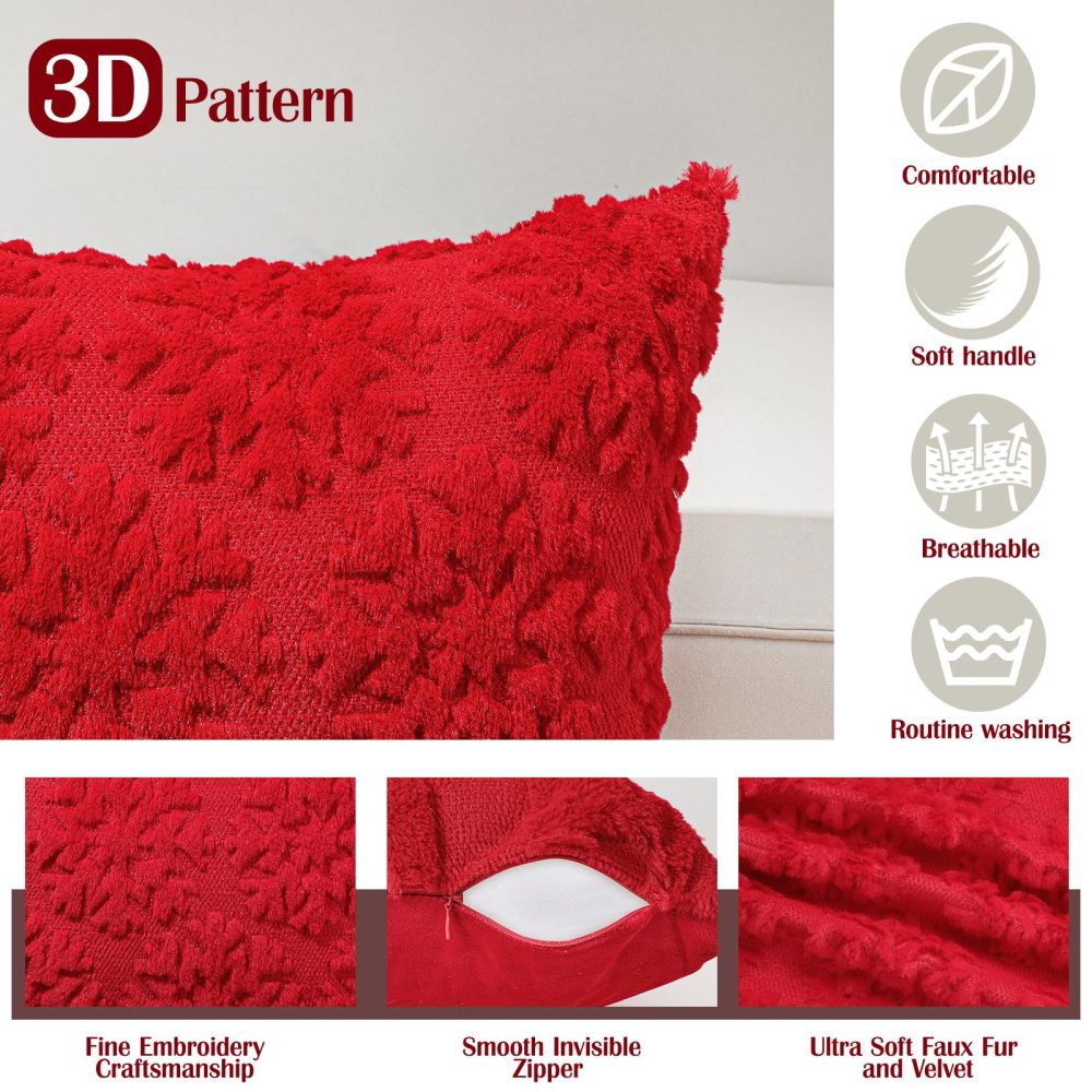 Lewondr Christmas Throw Pillow Cover 18x18, Set of 2 Super Soft Faux Fur Throw Pillow Covers Velvet 3D Snowflakes Embroidery Decorative Throw Pillowcase for Living Room Bed Couch Home Decor, Red - Image 5