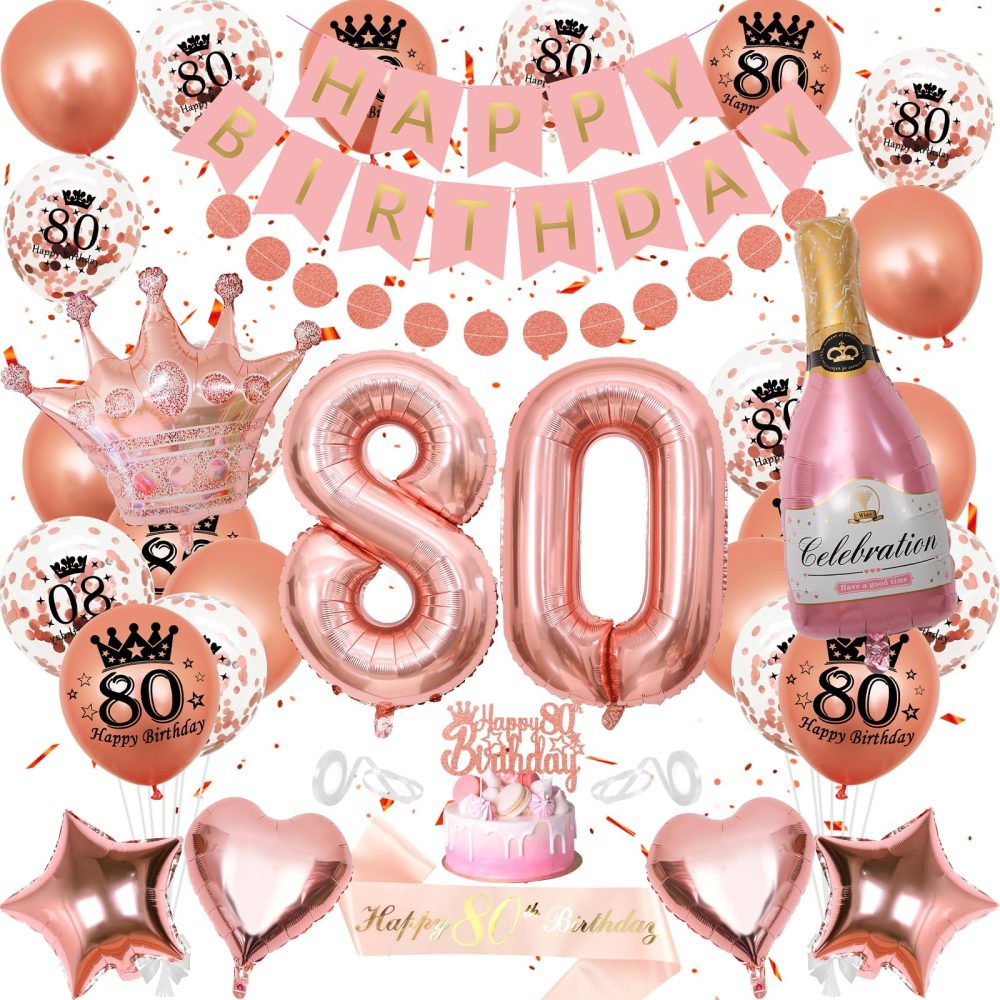 80th Birthday Decorations, 80th Birthday Decorations for Women, WKxinxuan 80th Birthday Banner 80 Balloons 80th Cake Topper 80th Sash Champagne Crown Foil Balloon for Her