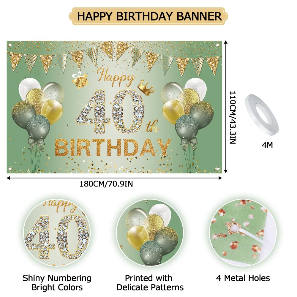 40th Birthday Decorations for Women Men, 40th Birthday Banner, 40th Birthday Backdrop Party Decorations, Sage Green Gold Happy 40th Birthday Banner Background for Birthday Anniversary Party Supplies - Image 5